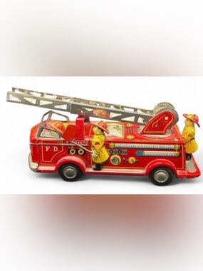 Nomura Japan Vintage Fire Engine Firetruck Fireman Lithograph Tin Toy, Moveable